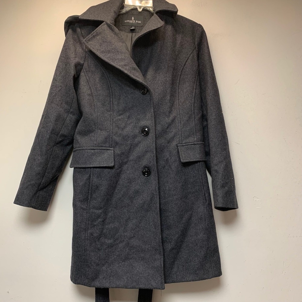London Fog Wool Blend Hooded Trench Coat Womens S Charcoal Grey Excellent Belted